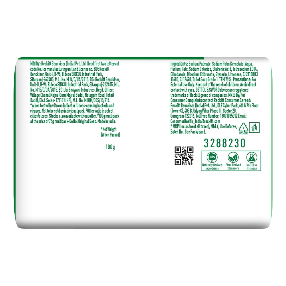 Dettol Original Bathing Soap Bar with 12 HR protective shield (800gm) | Kills 99.99% germs, 100g - Pack of 8