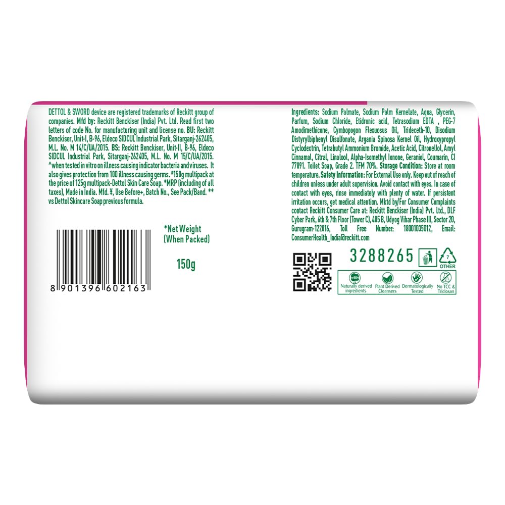 Dettol Skincare Moisturizing Beauty Bathing Soap Bar with Argan Oil (600gm) | Softer Skin, 125gm + 20% Extra Free, Pack of 4