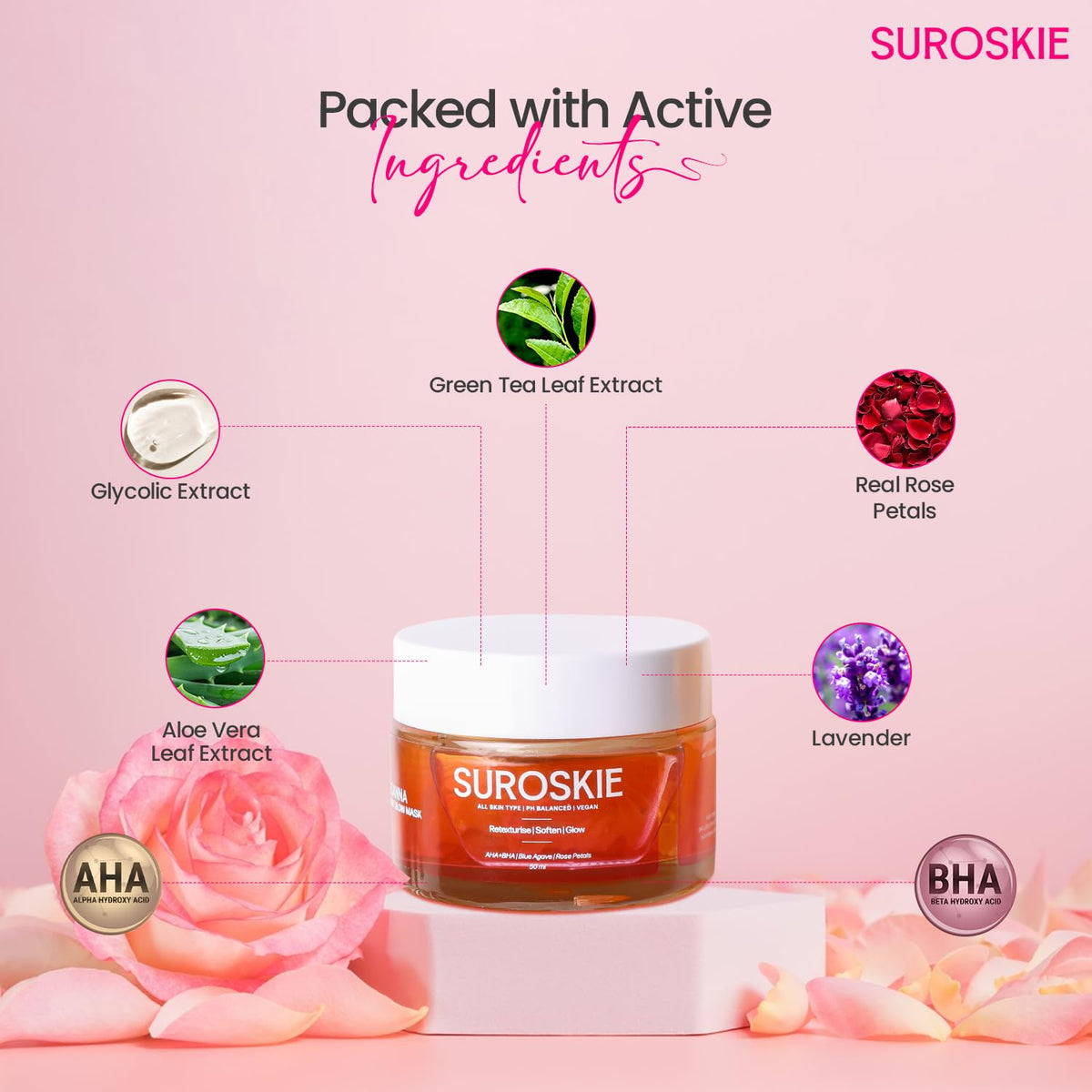 Suroskie K Beauty Combo (Pack of 4) | Rose Instant Face Scrub (50ml) + Rose Petals Melt Cleanser (120ml) + Rosanna Face Mask + Glass Skin Moisturizer | for Men & Women