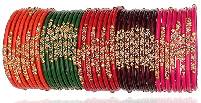 NMII Glass with Zircon Gemstone and Beads Studded Bangle set for Women and Girls