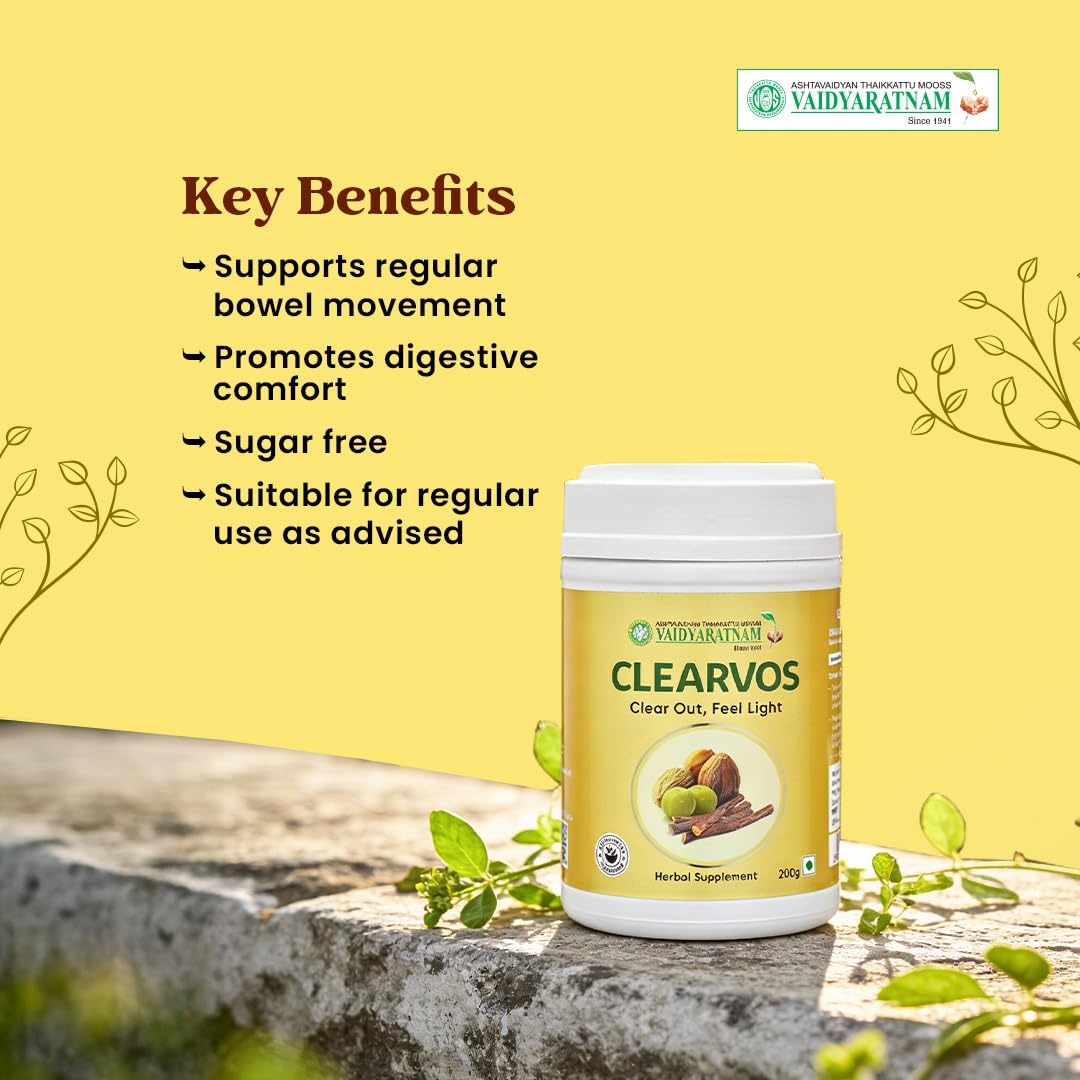 Vaidyaratnam Clearvos - 200 gm, For Clear Motion & Relieving Constipation | Natural Relief from Constipation | Constipation Medicine | Regular Bowel Movement Supplement | Regular Bowel Movement Powder | Supports Digestive Comfort & Promote Digestion