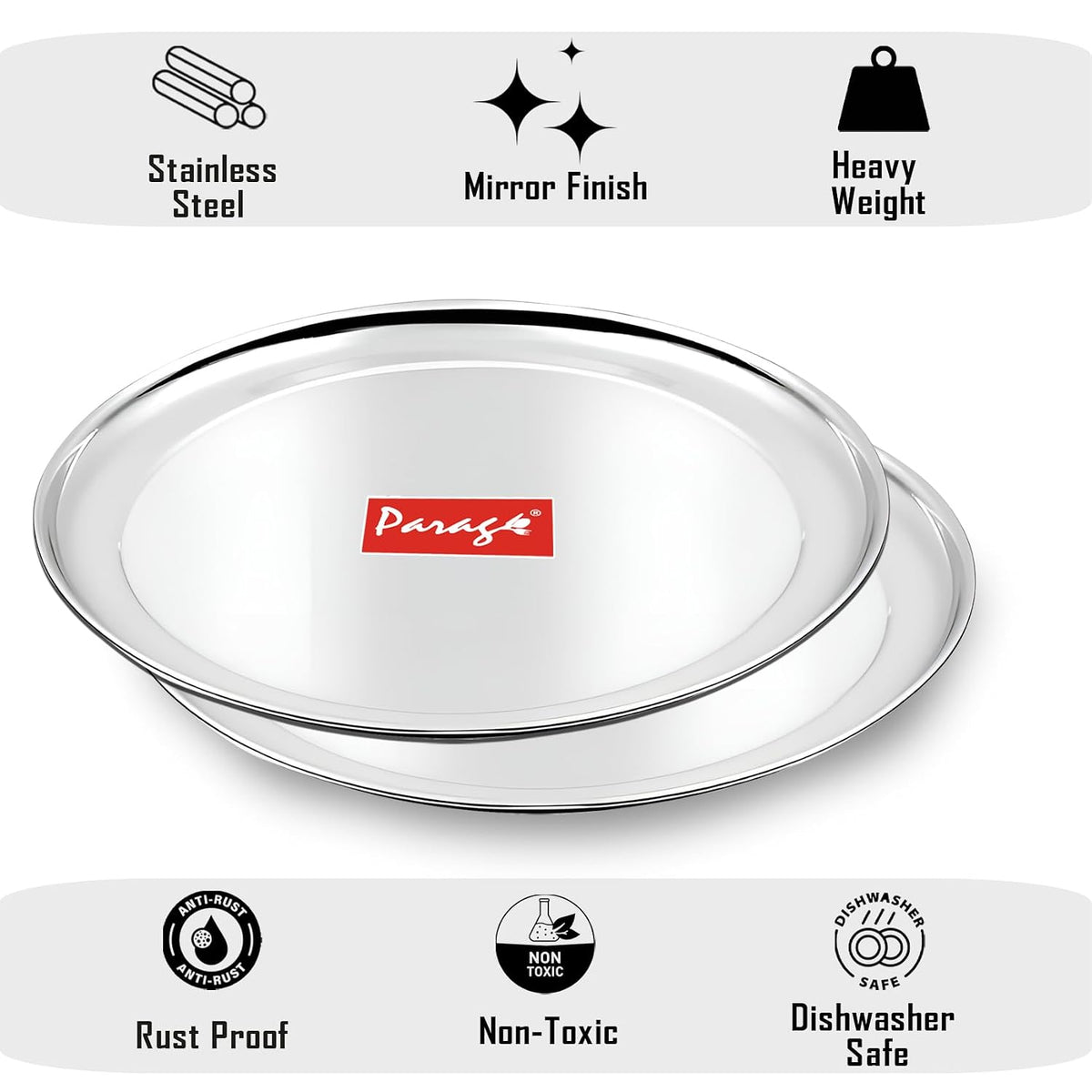 Parage 6 Pieces Stainless Steel 12 inch Raj Bhog Plate Set/Dinner Set/Thali Set/Kitchenware for Home & Restaurants/Family Use, Silver