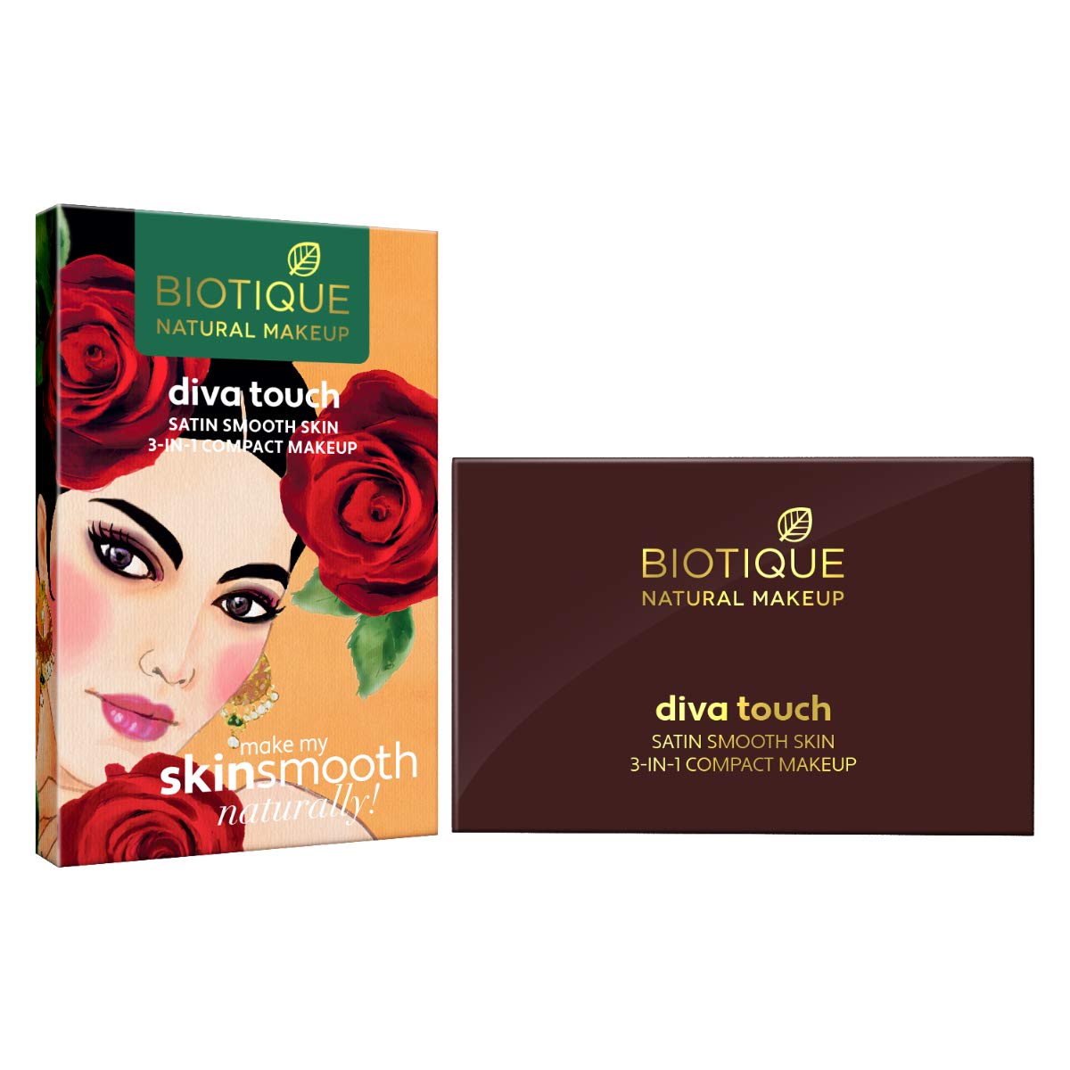 Biotique Acne Prone Natural Makeup Diva Satin Smooth 3-in-1 Compact Makeup, Almond Glow, 9g, Brown