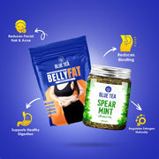 BLUE TEA - Combo Pack - Belly Tea (30 Teabags) & Spearmint Herbal Tea (100 gm - 100 Cups) | Helps Manage Weight | PCOS Relief | Helps in Balancing Hormones | Caffeine Free | Zipper & Pet Jar