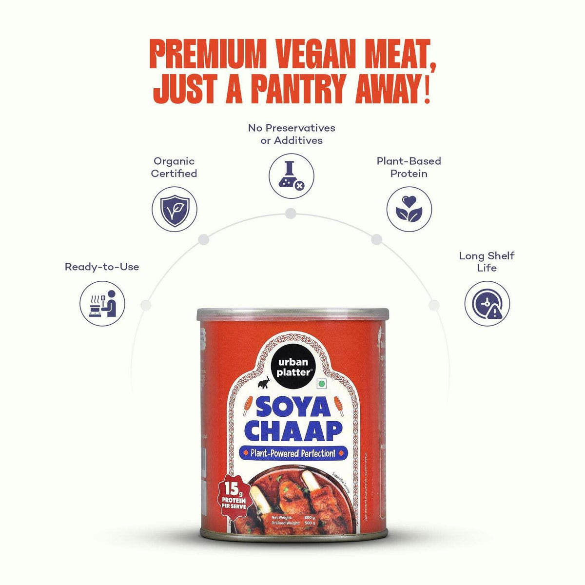 urban platter Soya Chaap In Brine, 800Gm (Pack Of 2)(Canned, Chunks On Stick, Drained Weight - 500G, Rich In Plant Protein, Soy Chap)