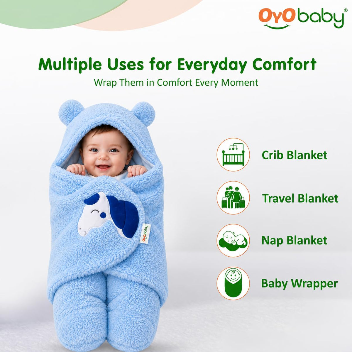 OYO BABY Hooded Swaddle Blanket for Newborns | Super Soft Flannel Wearable Sleeping Bag Wrap | Warm, Cozy & Breathable | Easy Wrap Design | 0–6 Months (72x68 cm) | Unicorn Blue