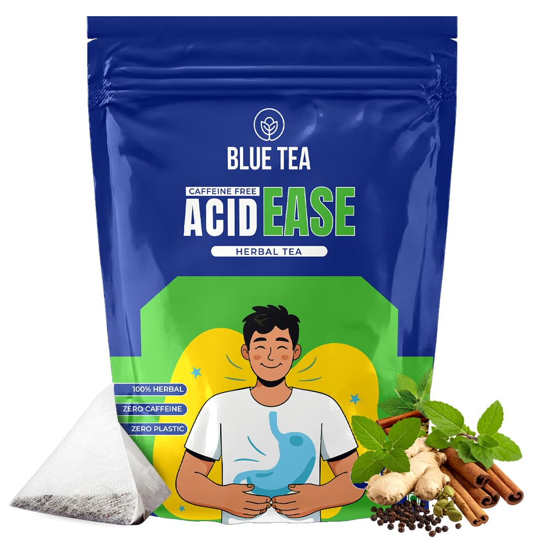 BLUE TEA - Acid Ease Tea - 30 Tea Bags - Plant Based | Relieves Acidity and Gas - Supports Digestion | Tulsi, Ajwain, Black Pepper, Bay leaf | Caffeine Free - Herbal Tea | Ziplock Pack