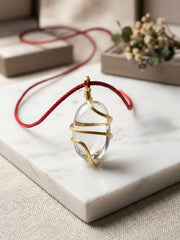 RUDRADIVINE Original Sphatik Pendant (1.5 Inch) – Natural Clear Crystal Quartz with Gold-Plated Wire Wrap | Spiritual Healing Stone Locket for Men & Women (15g)