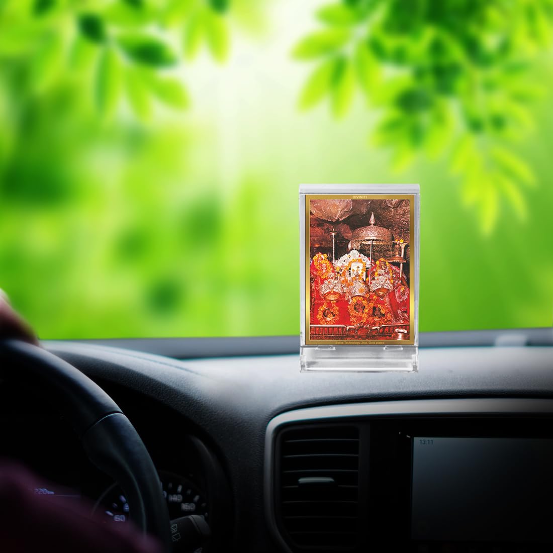 DIVINITI 24K Gold Plated Religious Car Dashboard Frame | Premium God Idol Frame for Car, Home Mandir & Office Table | Spiritual Gift, Decorative Showpiece | Mata Ka Darbar