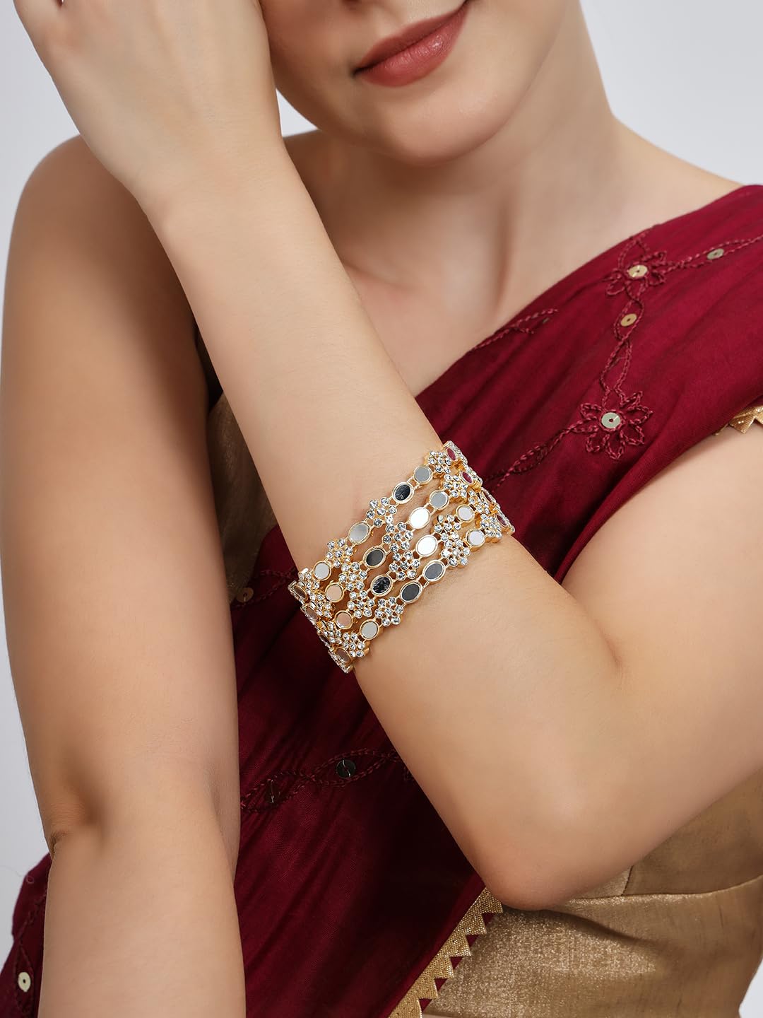 NMII Golden Metal with Zircon Diamond & Mirror Work Bangles Set For Women & Girls | Stylish Girl's Bangles Bracelet | Diamond Stone Bangles | Ethnic Jewellery Set Wedding, Party- Set of 4