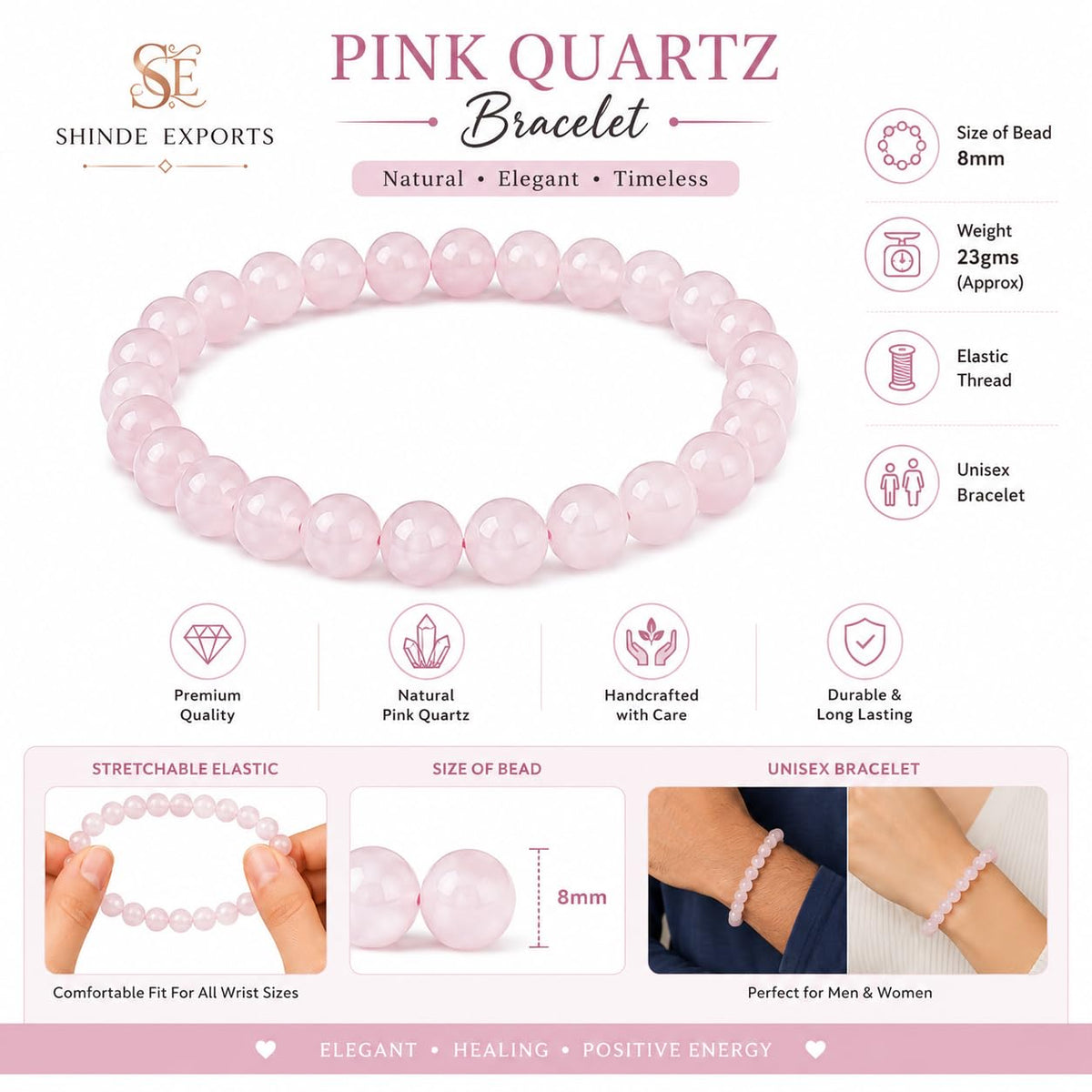 SHINDE EXPORTS Natural Pink Quartz Gemstone Bracelet for men and women