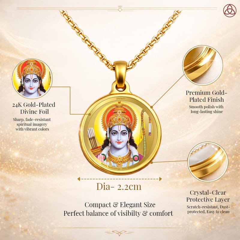 Diviniti 24K Gold Plated Ram Ji & Yantra Pendant For Men, Women & Kids 22 MM Double Sided Stylish Pendant Necklace For Girls Divine God Pendant For Birthday Gift, Anniversary Gift