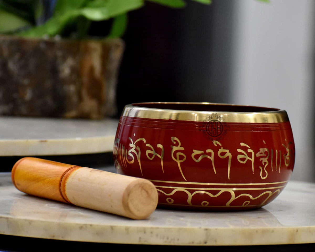 DSH Tibetan Singing Bowl Handcrafted Meditation Sound Bowl Easy To Play Vibration Therapy Praying Bowl (Red-5.5 inch)