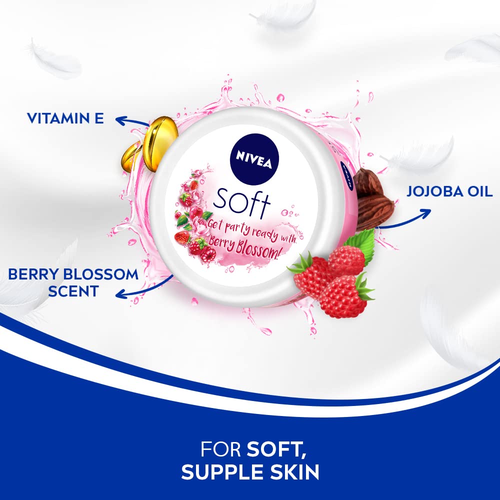 NIVEA Soft Playful Peach, Light Moisturizer Cream 200 ml & NIVEA Soft Berry Blossom, Light Moisturizer for Face, Hand & Body, 200 ml