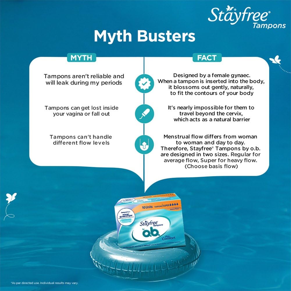 Stayfree Tampons by OB| Heavy flow|10 piece| Dynamic Fit Technology| Rashfree| No skin irritation| Upto 100% leakage protection| Silk touch technology| Stain free