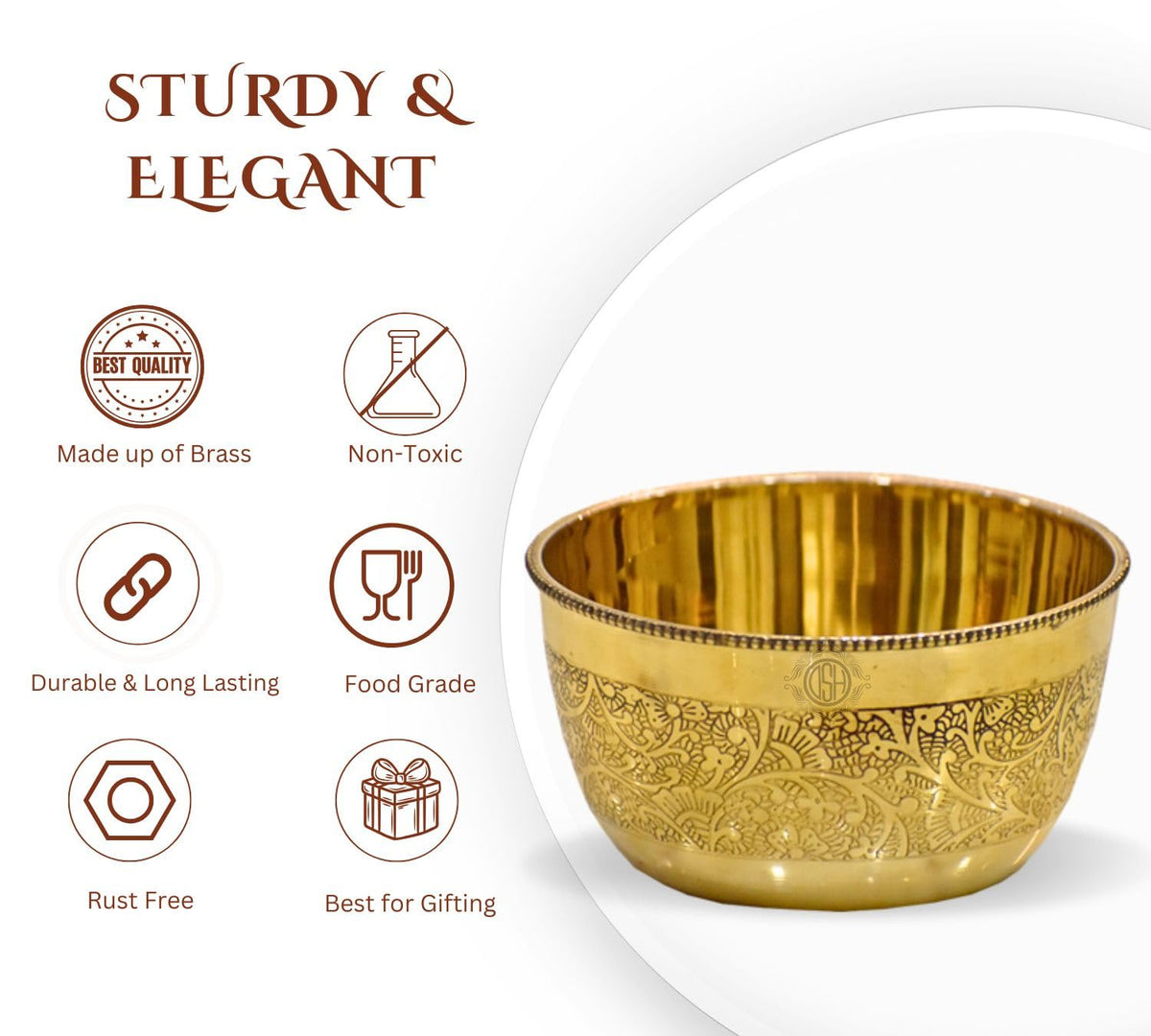 DSH Brass Bowl Pure Brass Embossed Design Lunch Bowl (Set of-2) Tableware and Serveware for Home Hotel Restaurant.(KATORI-DANAach-2P)