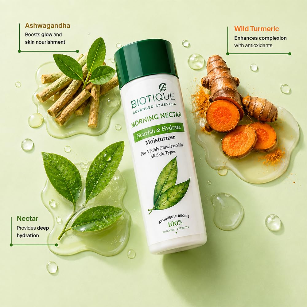 Biotique Morning Nectar Flawless Skin Moisturizer Lotion L Prevents Dark Spots, Blackheads And Blemishes L Visibly Flawless Skin L Nourishes And Hydrates Skin L All Skin Types L 190Ml