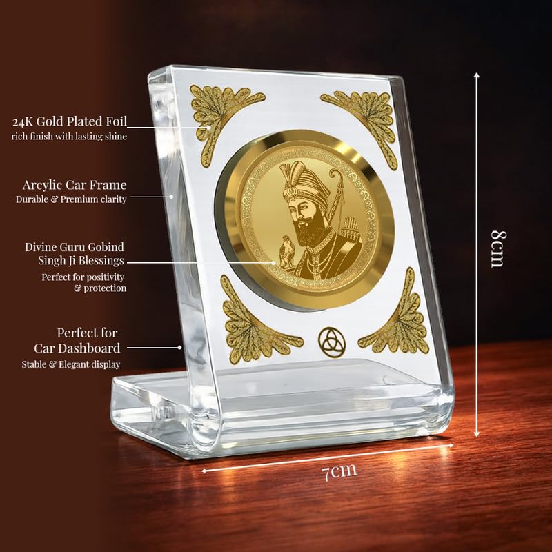 DIVINITI 24K Gold Plated Guru Gobind Singh Ji Acrylic Frame for Car Dashboard, Home Temple & Office Table | Premium Spiritual Gift, Blessings for Protection & Positivity, 8x7 cm Decorative Showpiece
