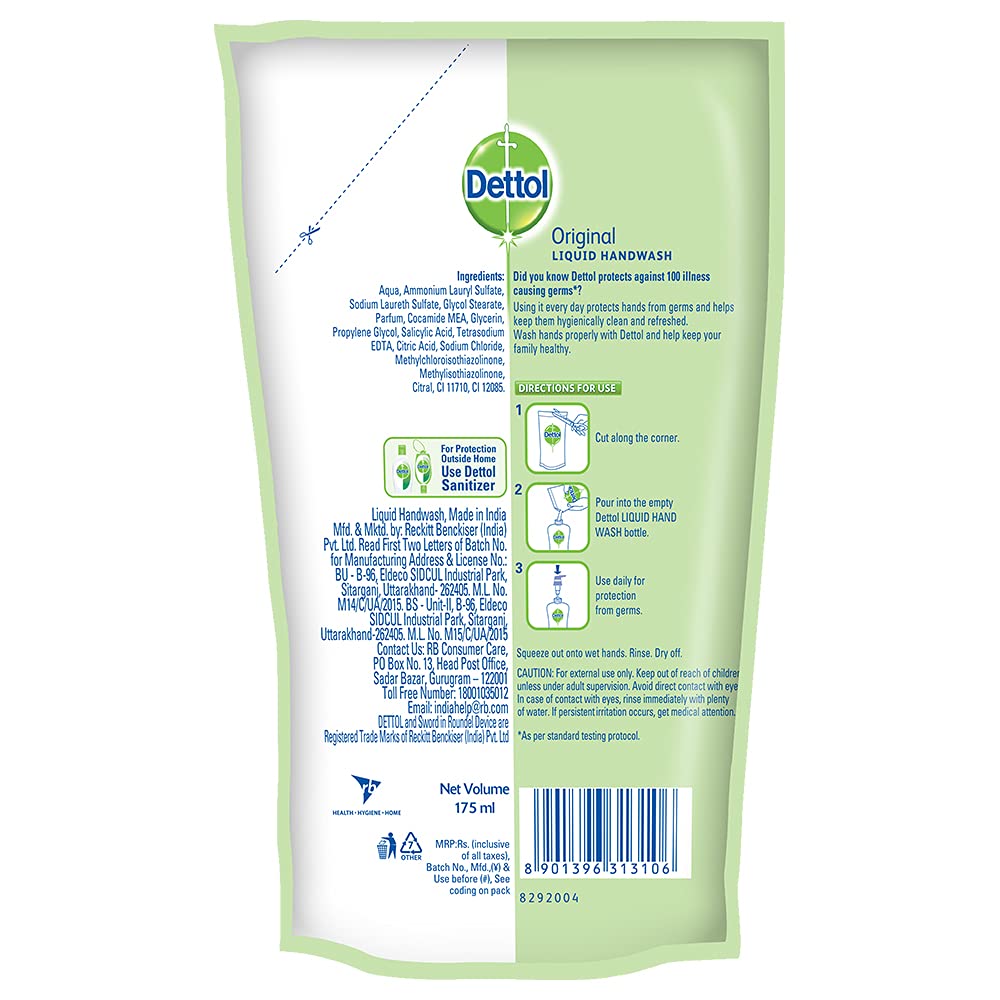 Dettol Original Handwash Liquid Soap Refill, 175ml | Germ Defence Formula | 10x Better Germ Protection