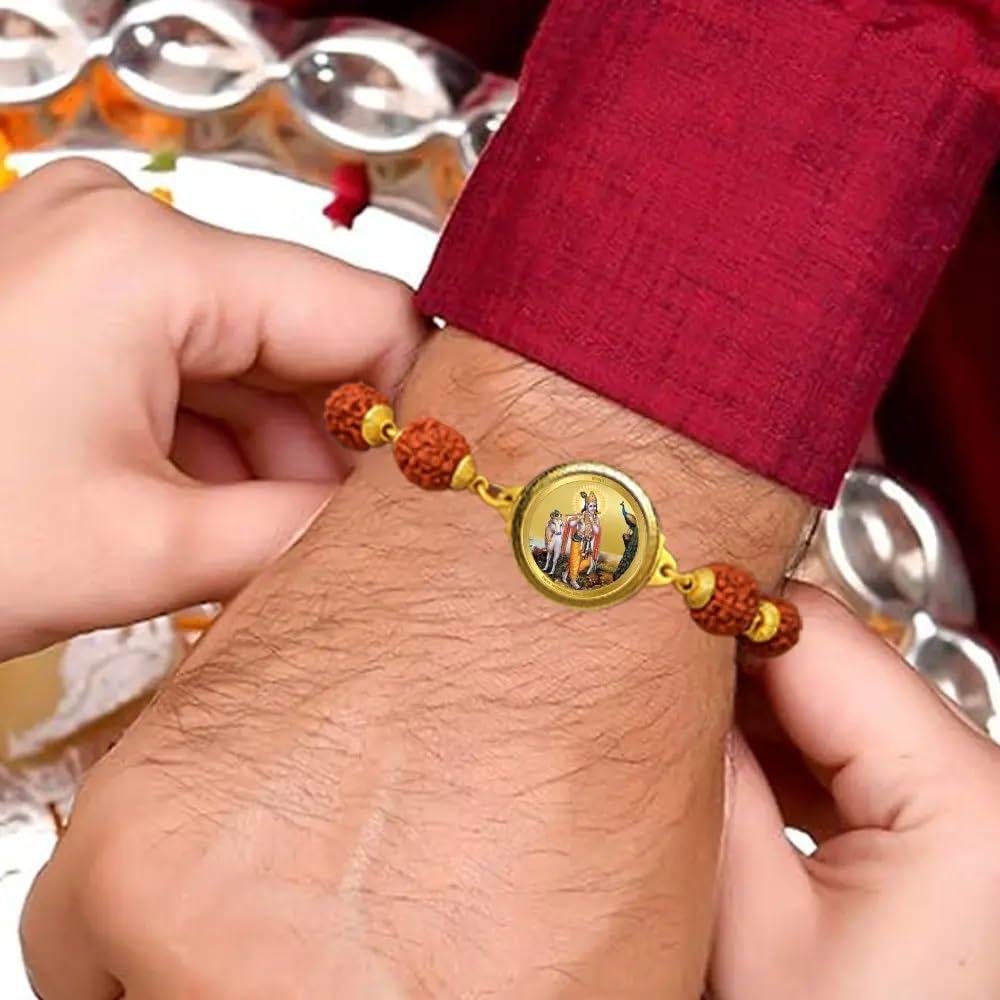Diviniti krishna with Surbhi Cow Rudraksha Rakhi with 24K Gold Plated Foil Divine Raksha Bandhan Gift