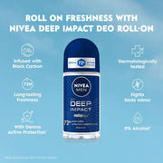 NIVEA MEN Deep Impact Freshness Underarm Roll On Deodorant for Men with Black Carbon | Long Lasting Antiperspirant Roll On for Body Odour Control | Alcohol Free Underarm Deodorant Roll On 50ml