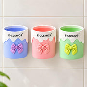E-COSMOS® Wall Mounted Cosmetic Organizer Cup with Bow Design, Makeup Brush Holder, Toothbrush Holder, Desk Storage Container for Bathroom, Dressing Table & Stationery, Pastel Colors