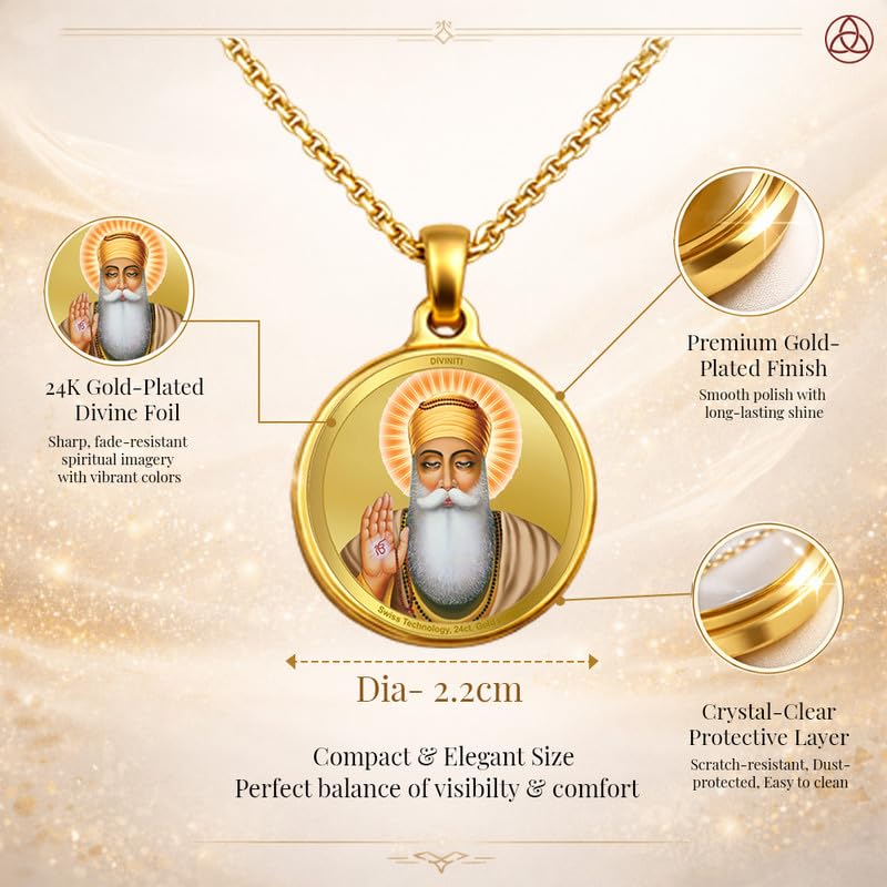 DIVINITI 24K Gold Plated Double-Sided Religious Pendant with Premium Gift Box, Spiritual Locket for Men & Women, Devotional Jewellery for Gifting & Everyday Wear | Guru Nanak & Golden Temple