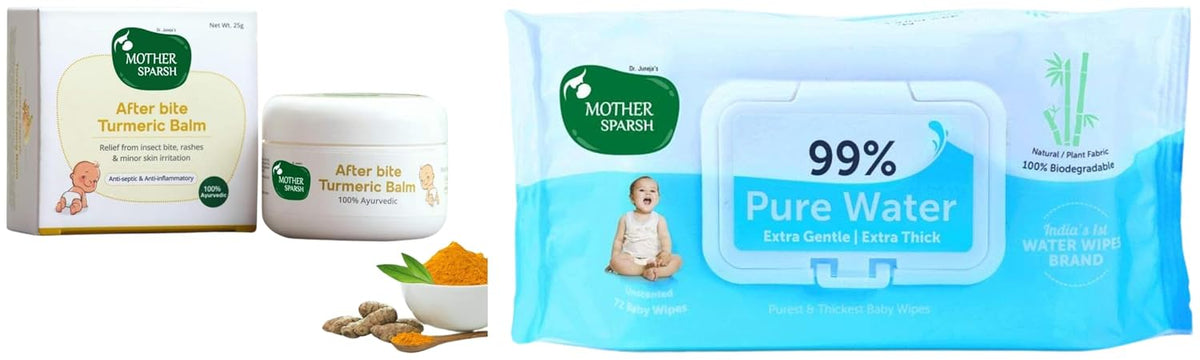 Mother Sparsh 99% Pure Water Baby Wipes, 72pcs with Afterbite Turmeric Balm for Babies 25g