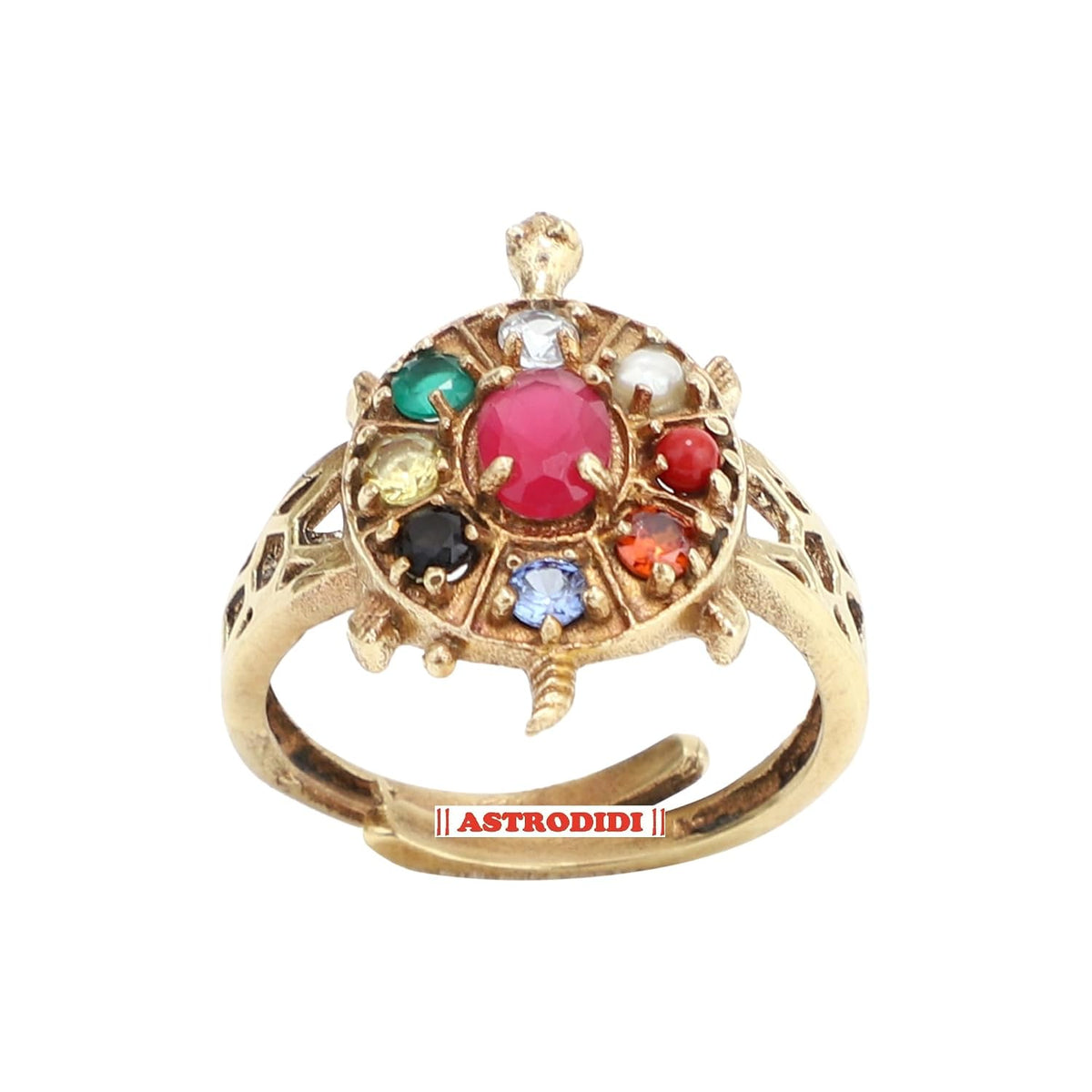 ASTRODIDI Multicolor Zircon Crystal Stone Tortoise Ring | Adjustable Brass Kachua Turtle Meru Fashion Ring For Men Women Boys and Girls