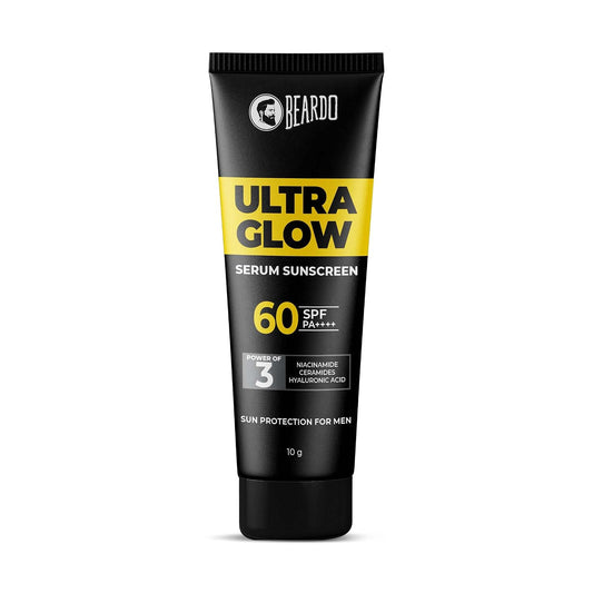 Beardo Ultra Glow Serum Sunscreen SPF 60+ PA++++| UVA/UVB Protection | No White Cast | Ultra Lightweight 3 in 1 with Niacinamide, Ceramides & Hyaluronic Acid | Non-Greasy | Designed for Men | 10g