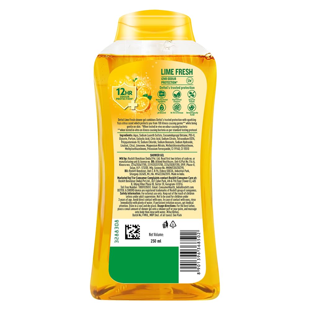 Dettol Lime Fresh Body Wash and Shower Gel Bottle for Women and Men (Pack of 3 - 250ml each) | Soap-Free Bodywash | 12hr Complete Odour Protection