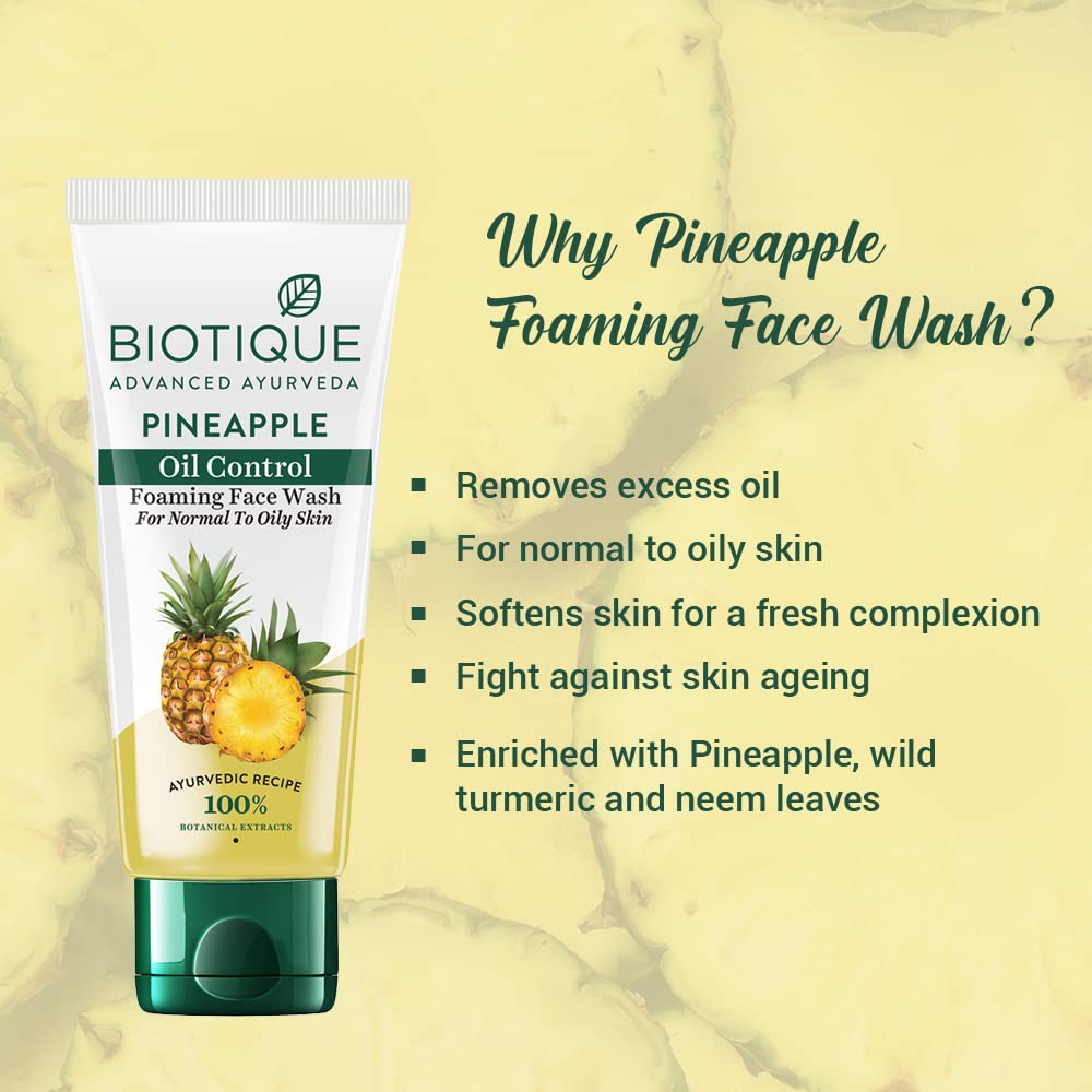 Biotique Pineapple Oil Control Foaming Face Wash | Hydrates dry skin | Eliminates Excess Oil | Evens Skin Tone | 100% Botanical Extracts | Suitable for All Skin Types | 150ml