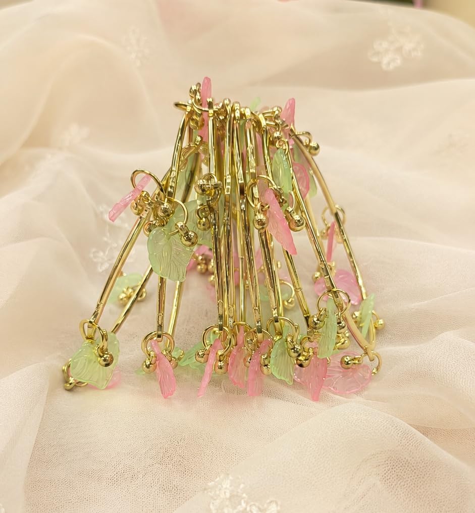 NMII Gold Plated Multicolor Leaf Ghunghroo Bangles Set | Pink & Green Leaf Design Kangan | Designer Gold Finish Metal Chudi | Stylish Floral Chudiya For Wedding Festive - Set Of 8