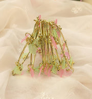 NMII Gold Plated Multicolor Leaf Ghunghroo Bangles Set | Pink & Green Leaf Design Kangan | Designer Gold Finish Metal Chudi | Stylish Floral Chudiya For Wedding Festive - Set Of 8