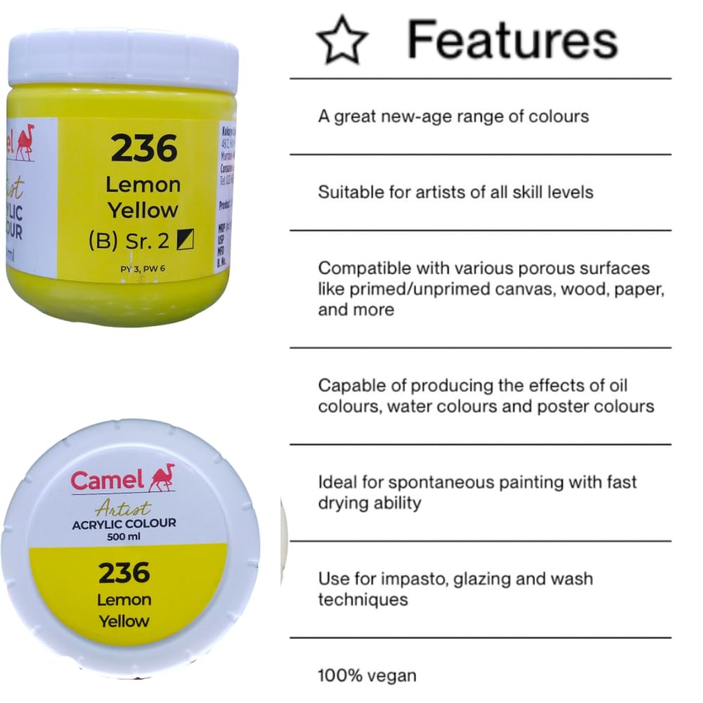 Camel Camlin Kokuyo Artist Acrylic Colour 500 ml Series 2 Lemon Yellow