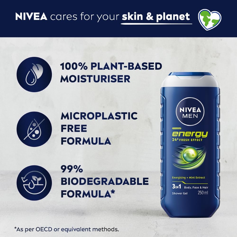 Nivea Men Body Wash, Energy With Mint Extracts, Shower Gel For Body, Face & Hair, 250ml