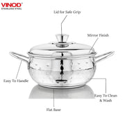Vinod Stainless Steel Milano Hammered Serving Casserole with Steel Lid & Side Handle 1230 ml, 16 cm