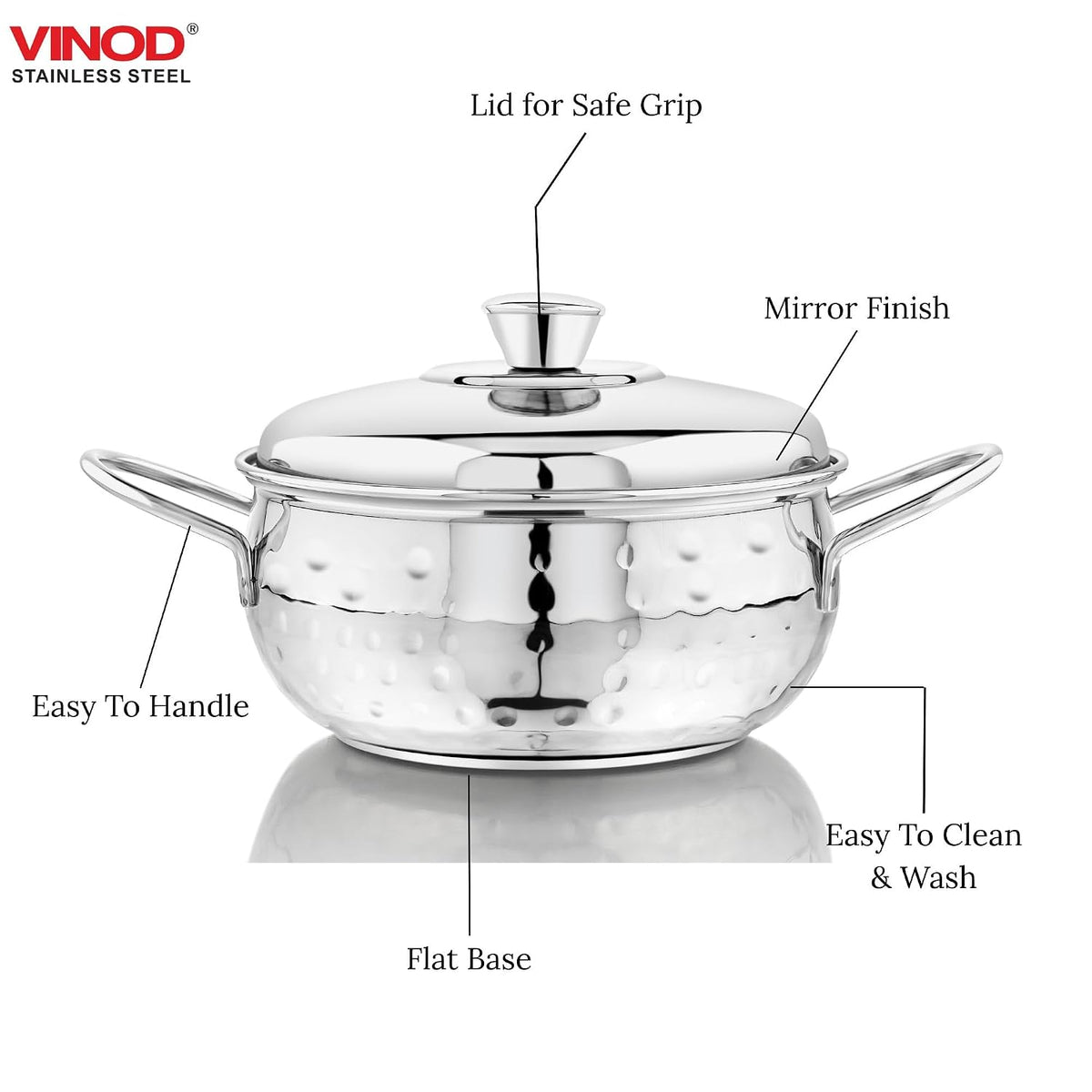 Vinod Stainless Steel Milano Hammered Serving Casserole with Steel Lid & Side Handle 1230 ml, 16 cm