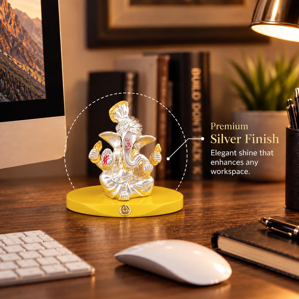DIVINITI Pagdi Ganesha Idol with Silver-Tone Finish & Gold Accents | Lord Ganesh Showpiece with Yellow Display Base & Premium Gift Box | Home, Office, Car Dashboard & Gifting | 7 x 7 cm