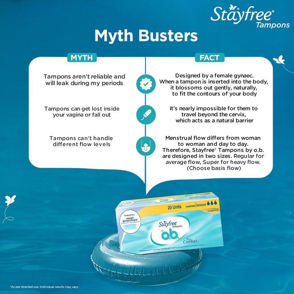 Stayfree Tampons by OB| Normal flow|20 piece| Dynamic Fit Technology| Rashfree| No skin irritation| Upto 100% leakage protection| Silk touch technology| Stain free