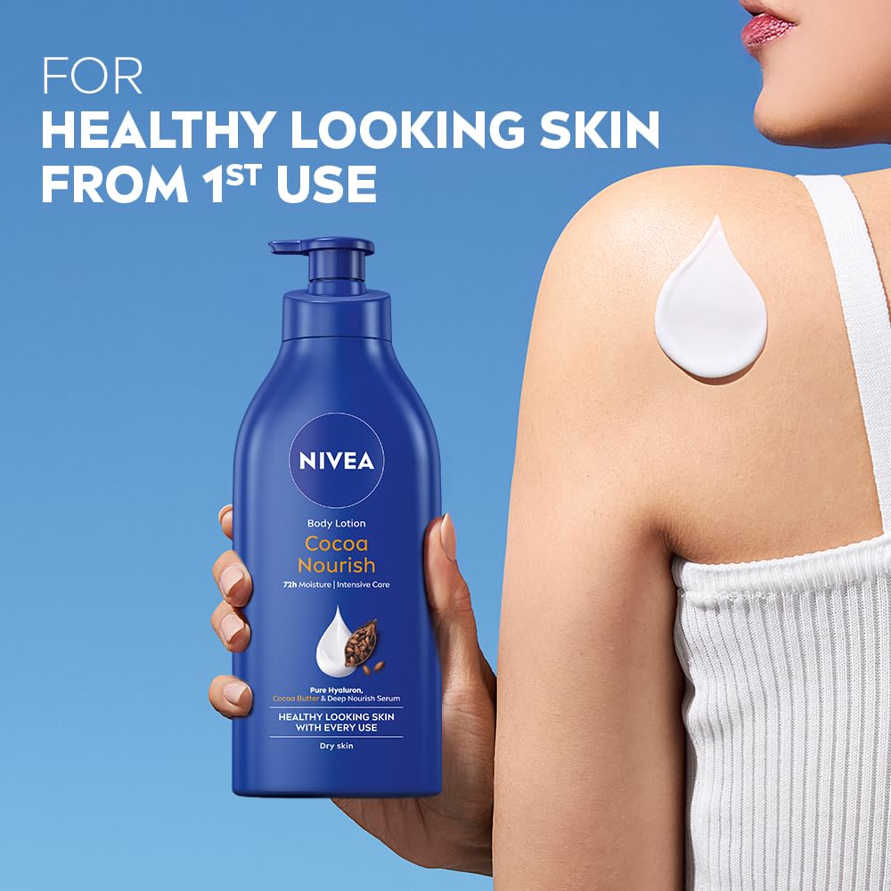 NIVEA Cocoa Nourish Body Lotion for Men & Women with Cocoa Butter, Hyaluronic Acid & Vitamin E Moisturizer for Dry Skin, Deep Nourish Serum Body Cream 72H Moisturiser, Non Greasy Face Cream 600ml