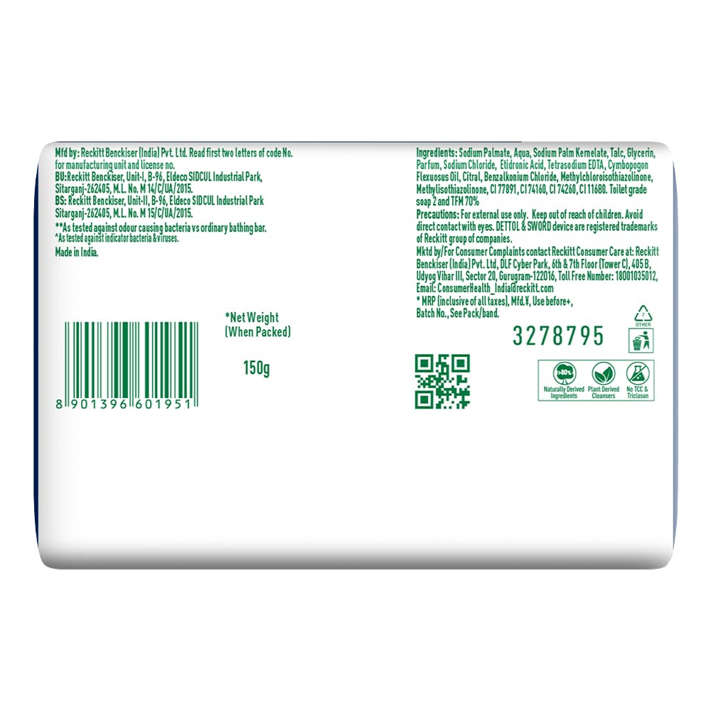 Dettol Cologne Fresh Bathing Soap Bar with 100% better odour protection- 150g Pack of 8, (600gm)