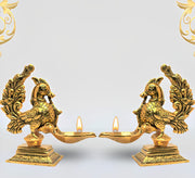 KridayKraft annapakshi deepam Set of 2 pca Metal Handmade with Curved Oil Lamp Antique Peacock Deepak for Home Decor Temple Puja Office Counter Diwali Decoration Festival Gift (Light)