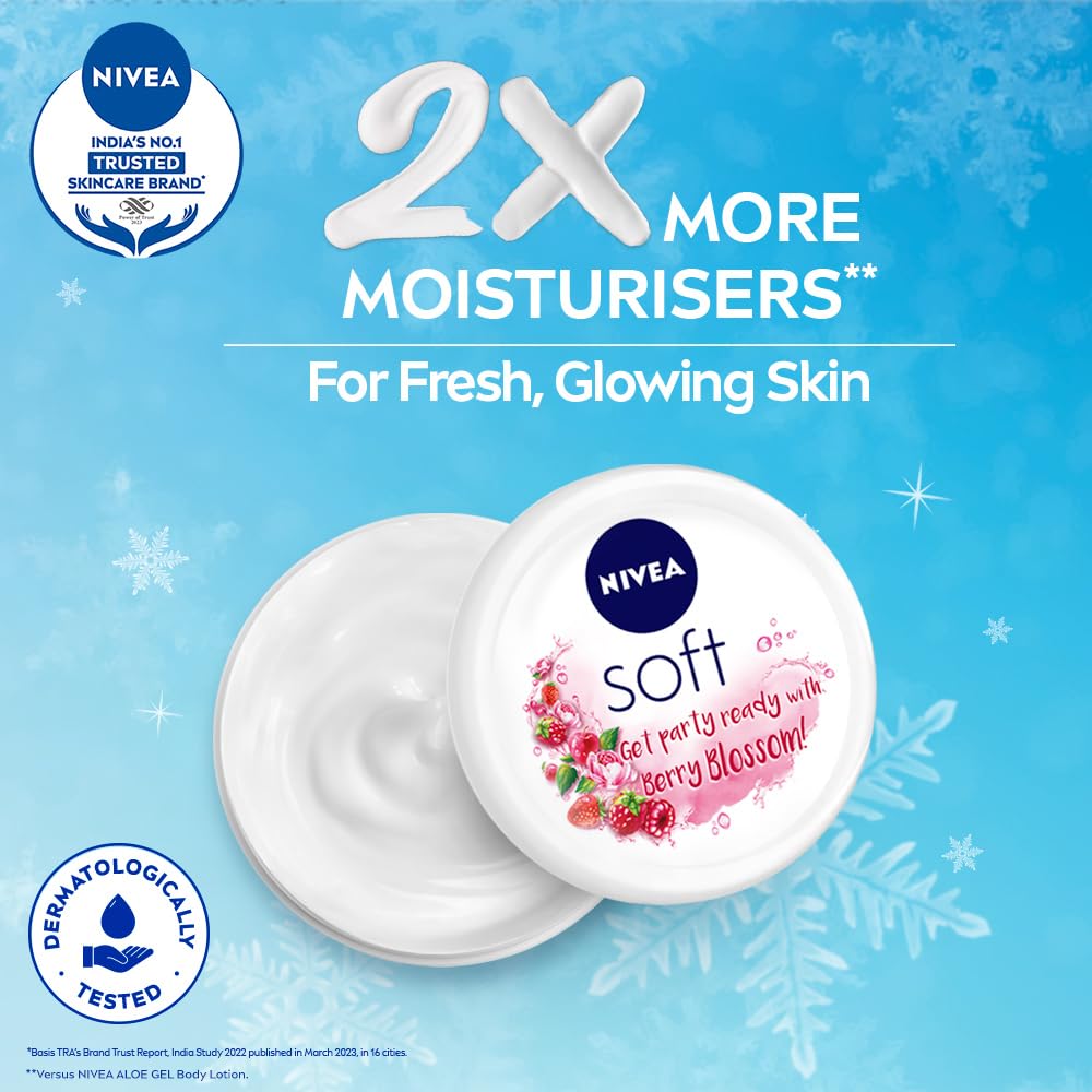 NIVEA Soft Berry Blossom, Light Moisturizer for Face, Hand & Body, Instant Hydration Non-Greasy Cream with Vitamin E & Jojoba Oil, 200 ml