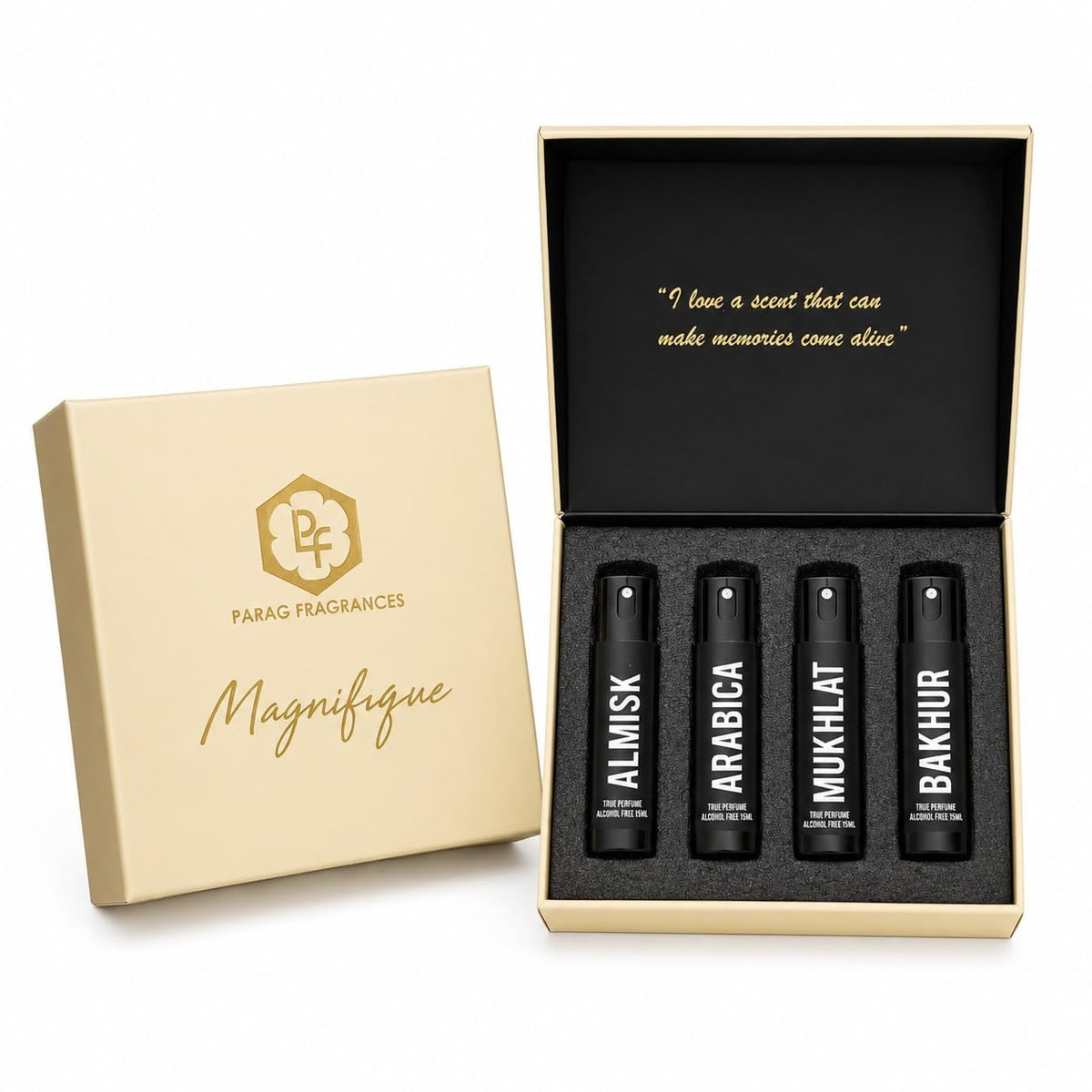 Parag Fragrances Alcohol-Free Magnifique Premium Attar Perfume Gift Set | 4 x 15ml Alcohol-Free Perfumes | Almisk, Arabica, Mukhlat & Bakhur | Long Lasting Luxury Fragrance Collection for Men & Women