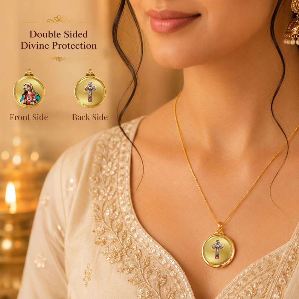 DIVINITI 24K Gold Plated Double-Sided Religious Pendant with Premium Gift Box, Spiritual Locket for Men & Women, Devotional Jewellery for Gifting & Everyday Wear | Mother Merry & Holy Cross