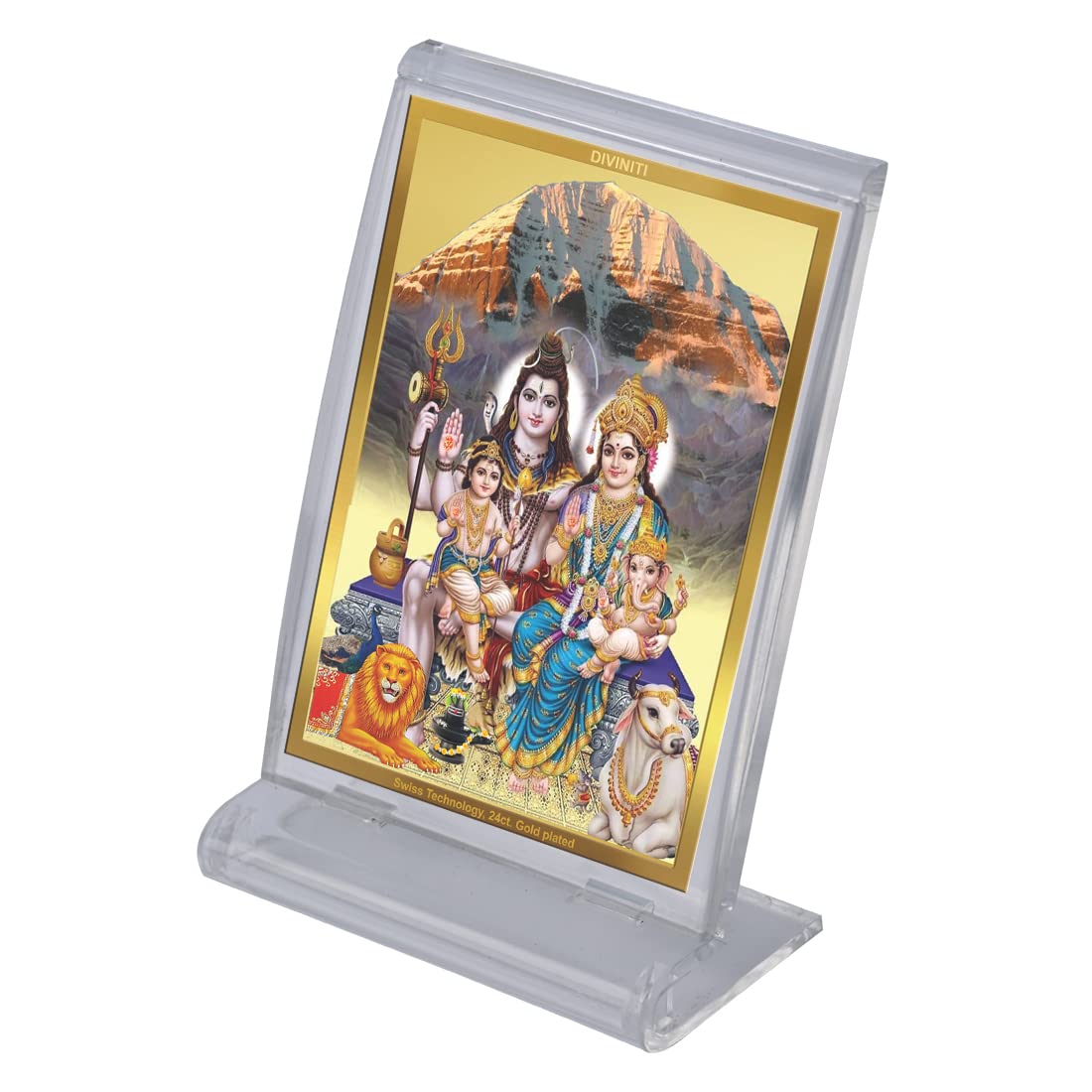 DIVINITI 24K Gold Plated Religious Car Dashboard Frame | Premium God Idol Frame for Car, Home Mandir & Office Table | Spiritual Gift, Decorative Showpiece | Shiv Parivar