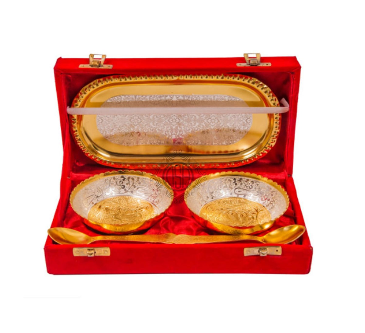 DSH Silver and Gold Plated Snacks and Dessert Bowl with Spoon and Tray Set for Home Decor Item with Velvet Box
