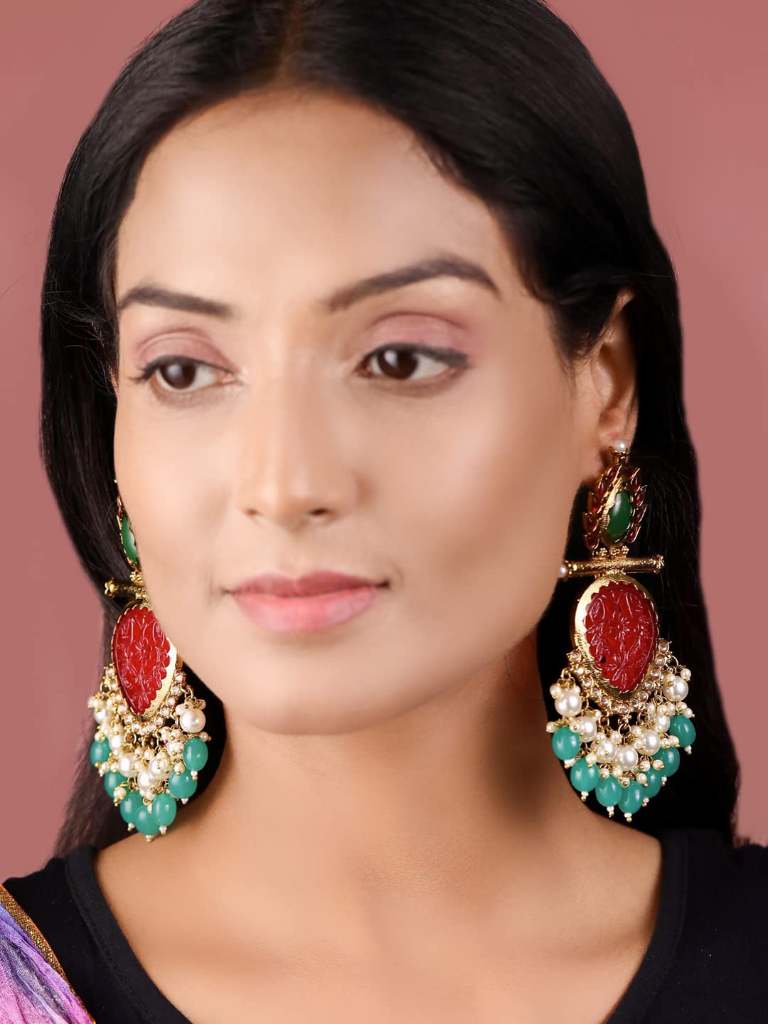 Priyaasi Red & Green Beaded Earrings for Women | Drop of Pearls | Stone-Studded | Gold-Plated | Brass Metal | Pushback Closure | Ethnic Earrings for Women & Girls - Party, Festivals, Weddding, Sangeet