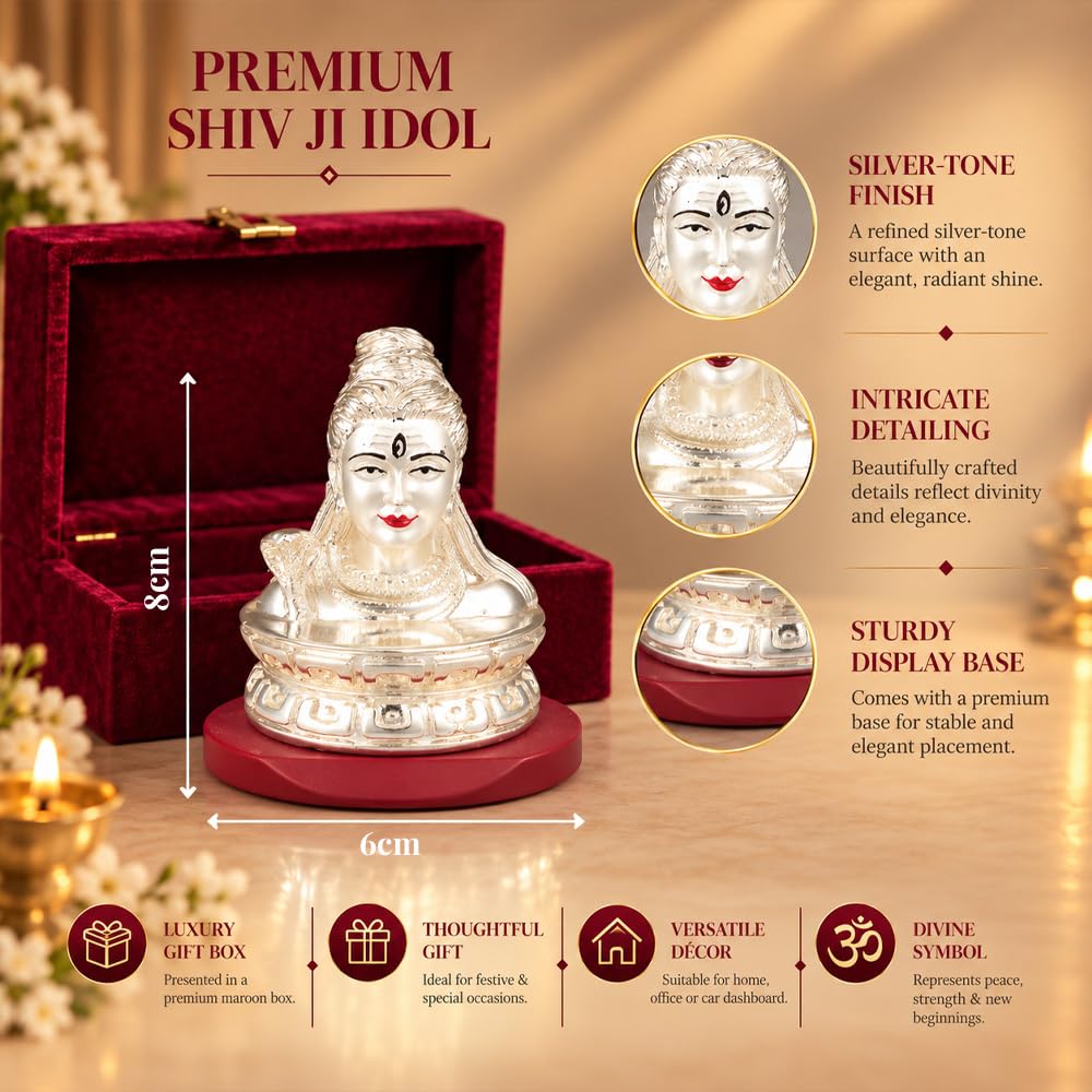 DIVINITI Premium Lord Shiva Idol with Silver-Tone Finish | Mahadev Shiv Ji Bust Showpiece with Decorative Base & Premium Gift Box | Home, Mandir, Office & Spiritual Gifting | 8 x 6 cm